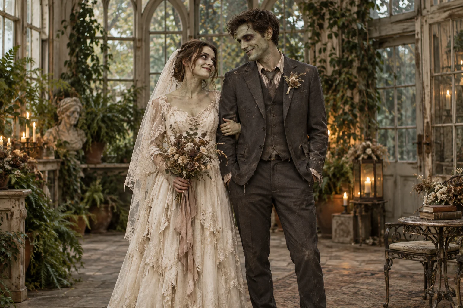 Zombie Couple costume concept: adult bride and groom with distressed outfits and theatrical makeup