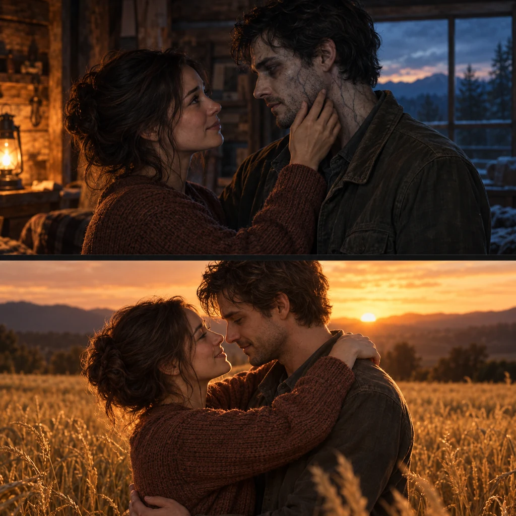 Zombie Couple AI concept showing the same adult pair in a cold cabin and a warm field reunion